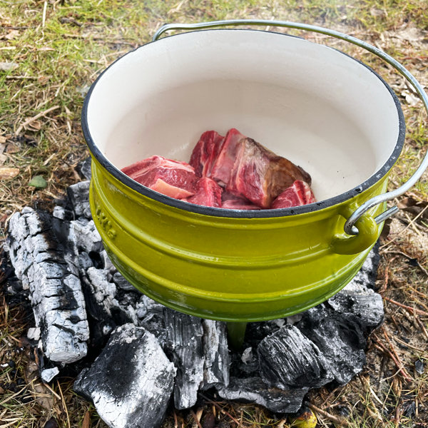 Green Enamel Potjie Pot Cooking Beef